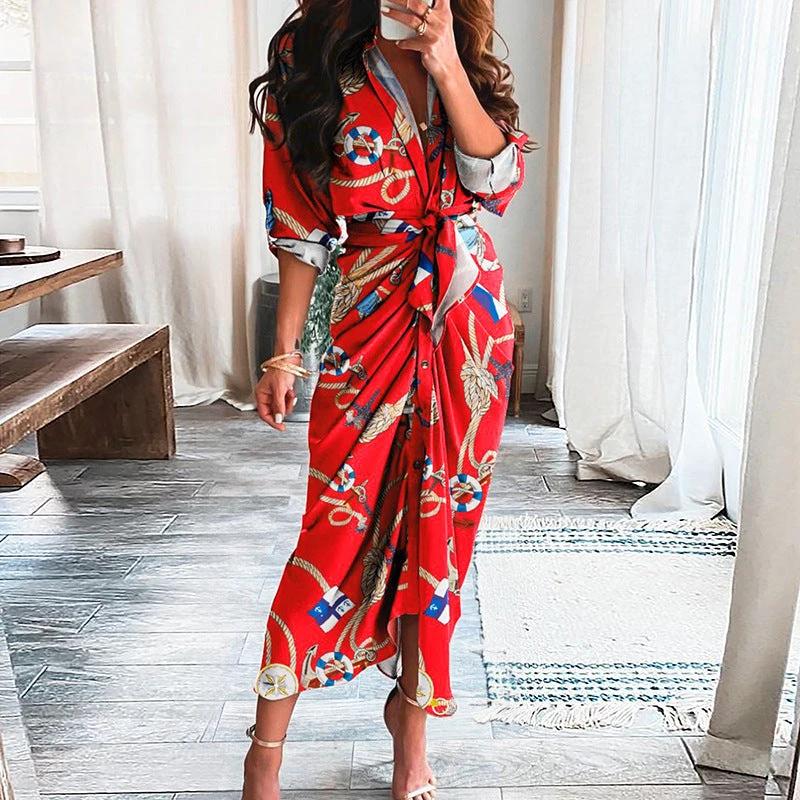 Mandotos European And American Print Long Sleeve Laceup Button Front Shirt Dress - MANDOTOS
