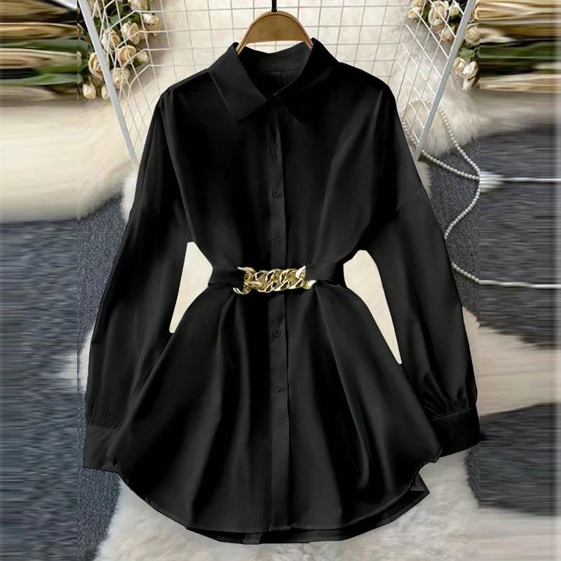 Women's Elegant Lapel Button-Down Top With Adjustable Metal Waist Belt Solid Color Loose Fit Blouse For Casual & Office Wear MANDOTOS