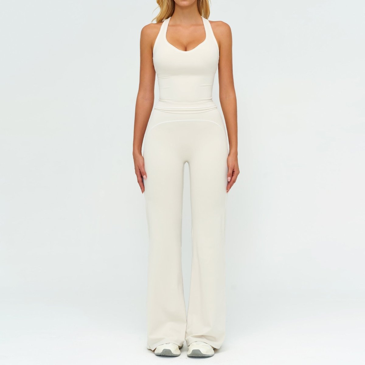 Womens Yoga Set cream sleeveless V-neck top and wide-leg pants, 2-piece