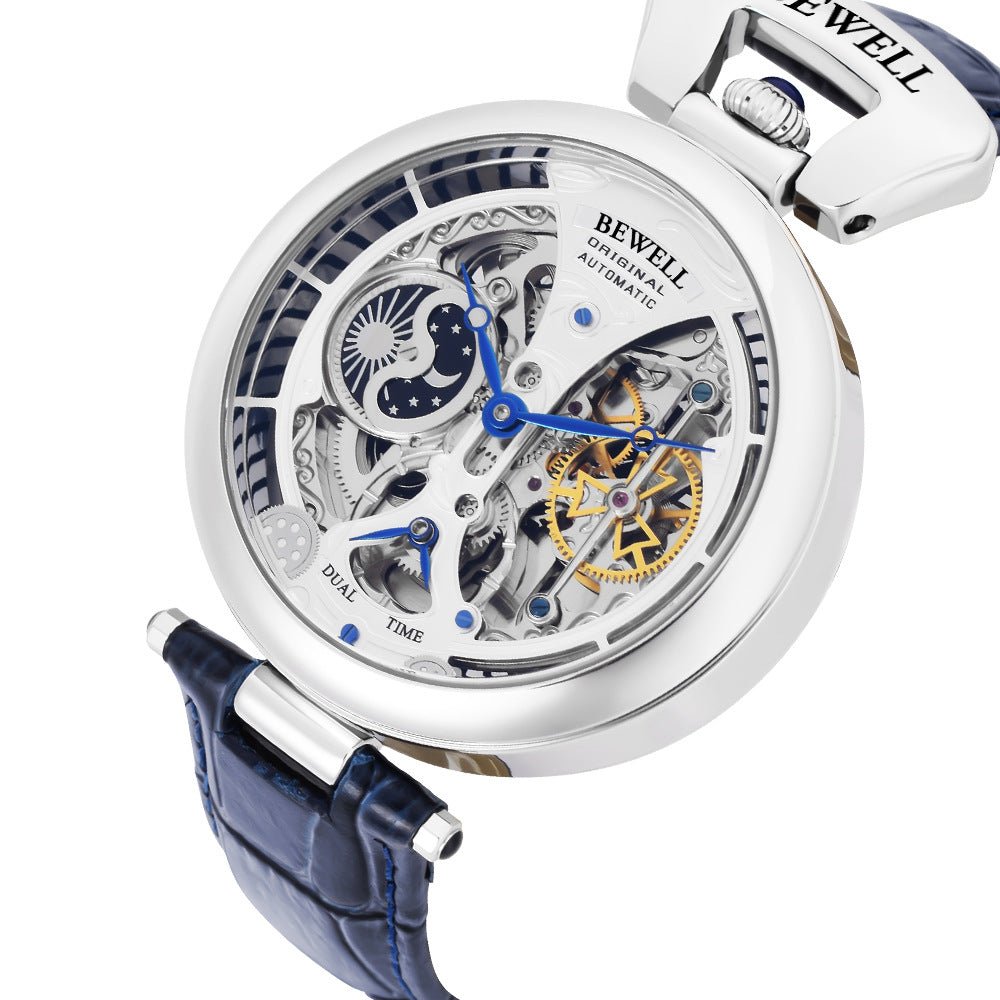 Men's skeleton automatic watch by Bewell with blue hands, silver case, and blue leather strap.