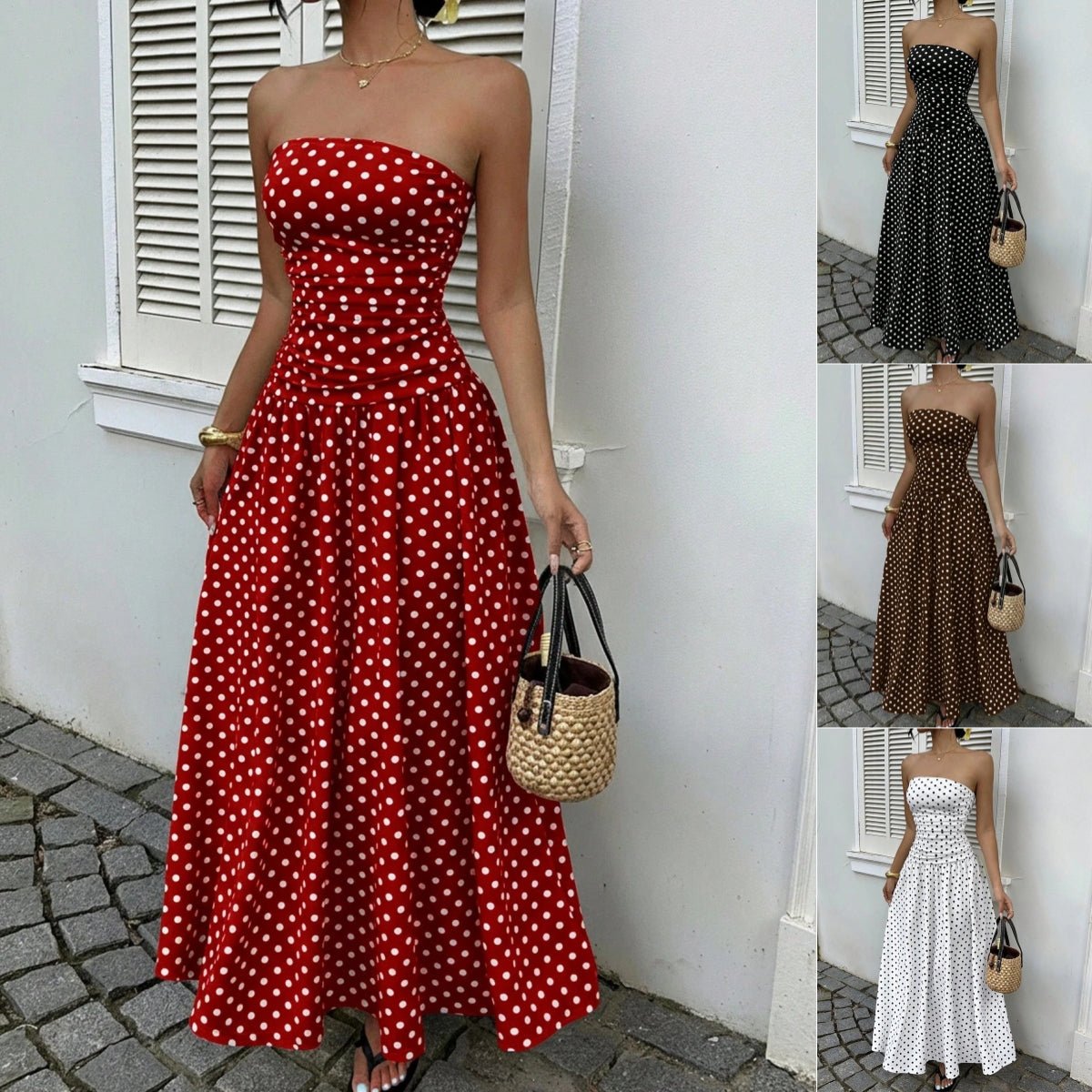 Polka-dot strapless maxi dress with high-waist, available in red, black, brown and white