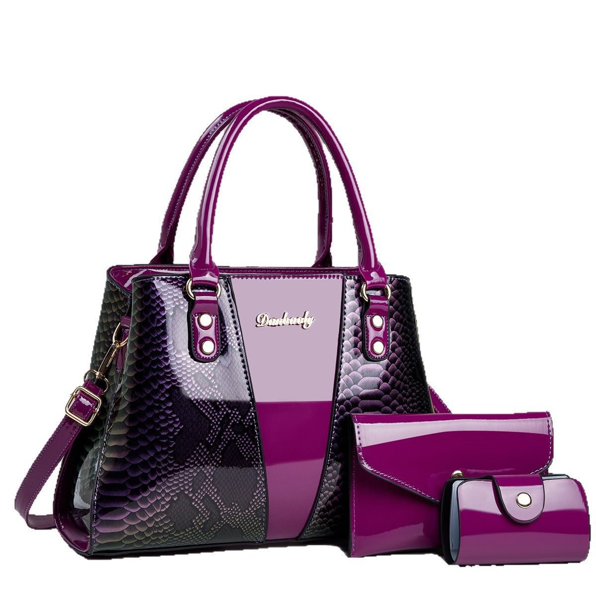 Large-capacity Shouldercrossbody Bag with purple snakeskin pattern; includes matching wallet and small cylindrical case.