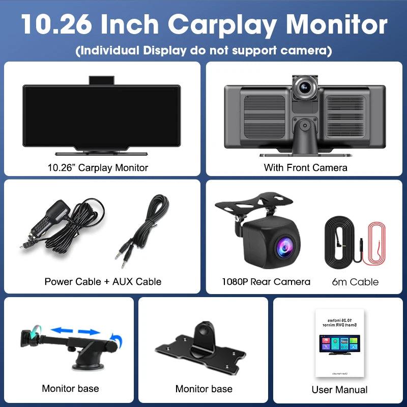 10.26'' Dash Cam 4K Car Mirror Video Player Wireless Carplay Android Auto GPS Car Monitor Multimedia Rearview Camera Dashboard - MANDOTOS