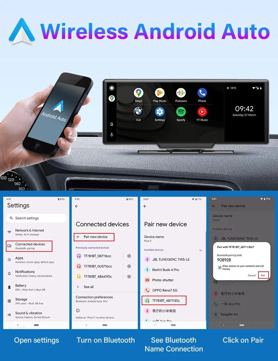 10.26'' Dash Cam 4K Car Mirror Video Player Wireless Carplay Android Auto GPS Car Monitor Multimedia Rearview Camera Dashboard - MANDOTOS