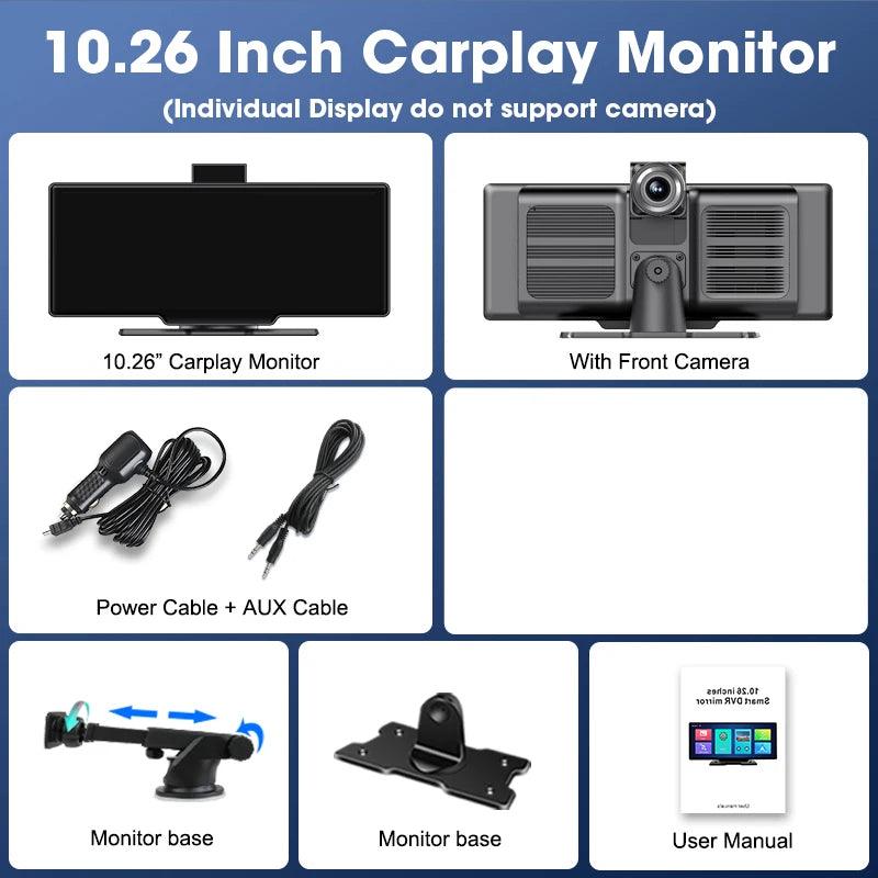 10.26'' Dash Cam 4K Car Mirror Video Player Wireless Carplay Android Auto GPS Car Monitor Multimedia Rearview Camera Dashboard - MANDOTOS