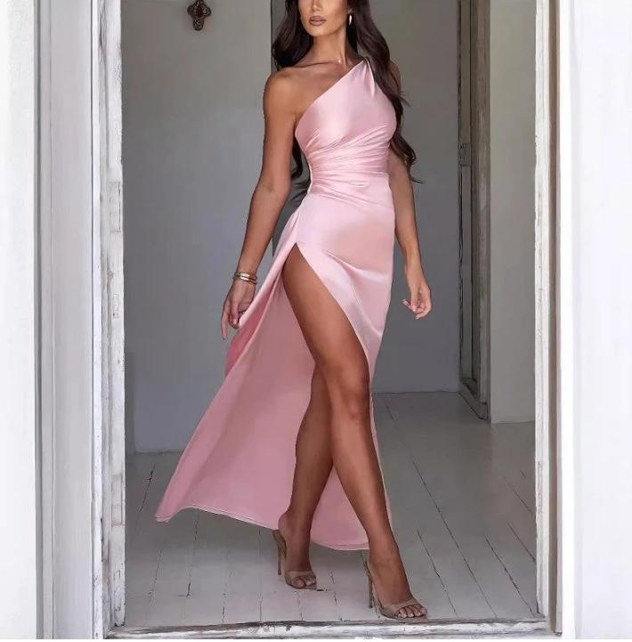 Sexy One-shoulder Backless Slit Dress Summer Elegant Slim-fit Solid Color Satin Dresses For Women MANDOTOS