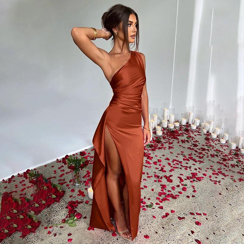 Sexy One-shoulder Backless Slit Dress Summer Elegant Slim-fit Solid Color Satin Dresses For Women MANDOTOS