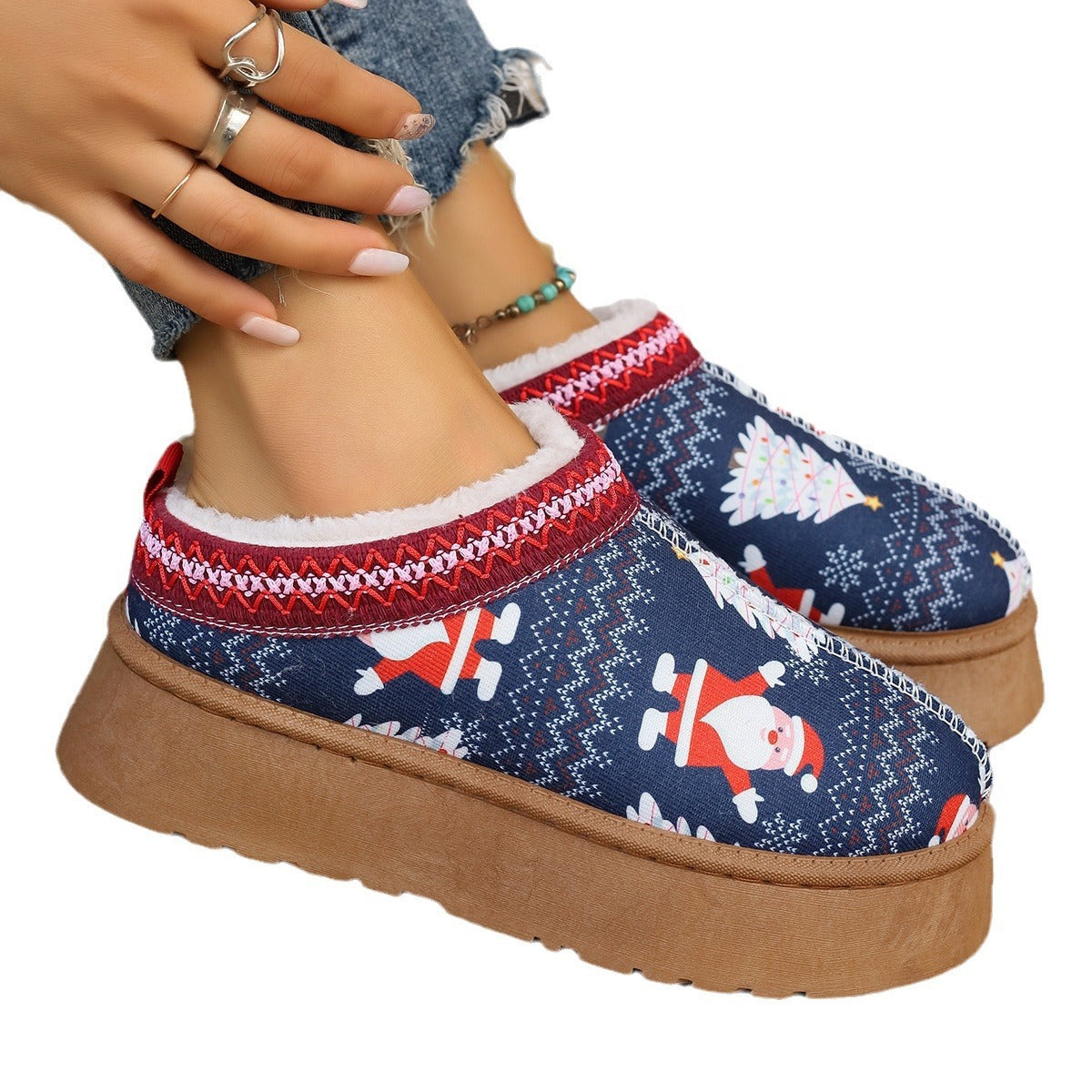 Women's Cartoon Christmas Print Ankle Boots Casual Slip On Plush Lined Home Shoes Comfortable Winter Short Boots - MANDOTOS