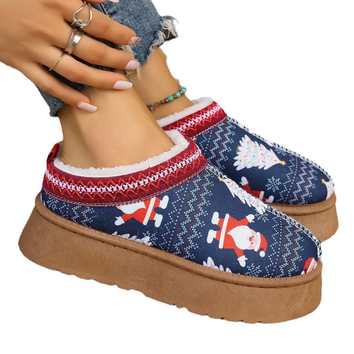 Mandotos Christmas Cartoon Print Plush Lined Slip On Navy Ankle Boots For Women Indoor Home Shoes - MANDOTOS