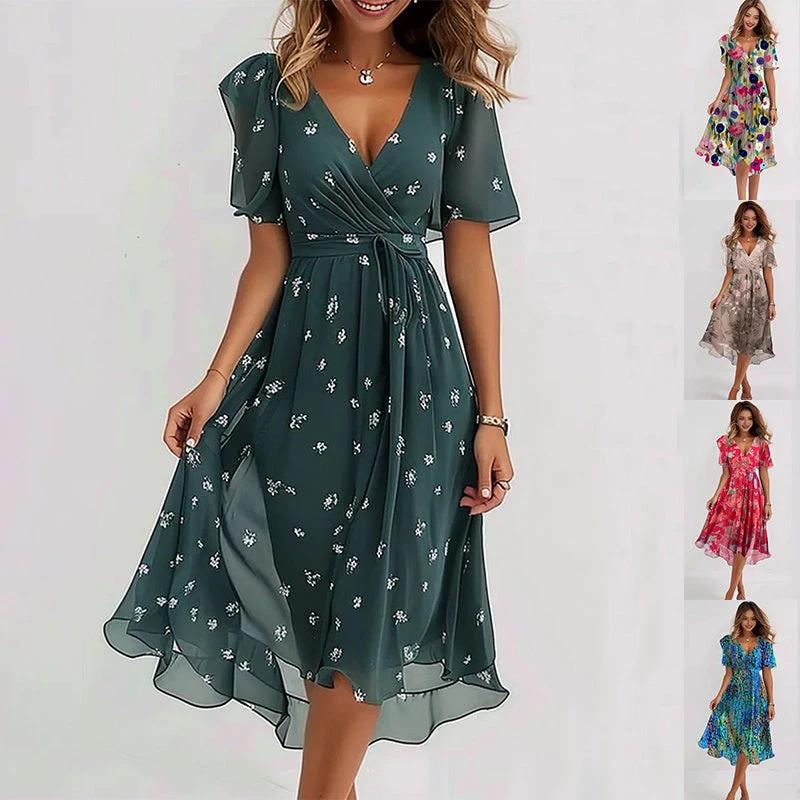 Chiffon Printed Short Sleeve Dress Summer Elegant V-neck Dresses Womens Clothing MANDOTOS