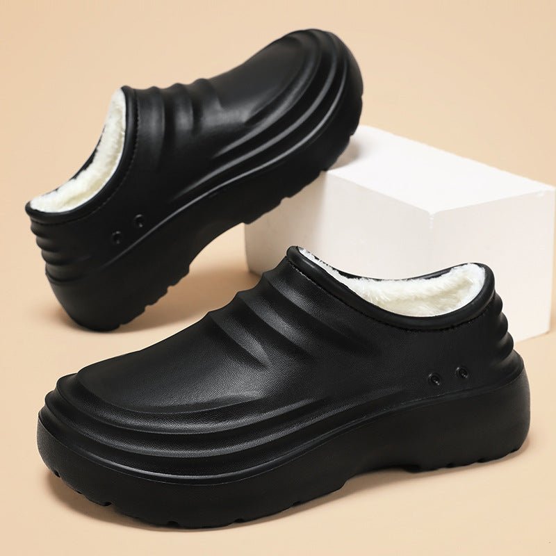 Insulated chef shoes, black closed-toe cotton slip-ons with white fleece lining for men; pair shown