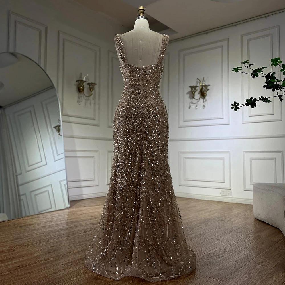 Nude Elegant Sling Light Luxury High-end Pearl Beaded Dress MANDOTOS