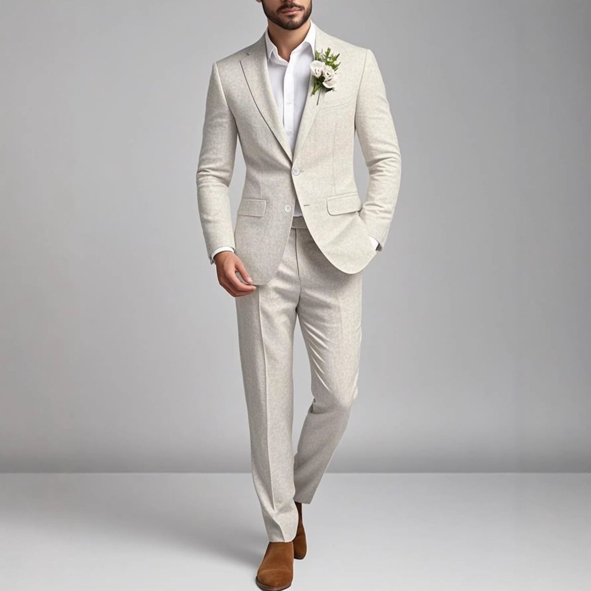 Mens beige suit for balls and banquets by Ancient Energy; tailored blazer with matching trousers.