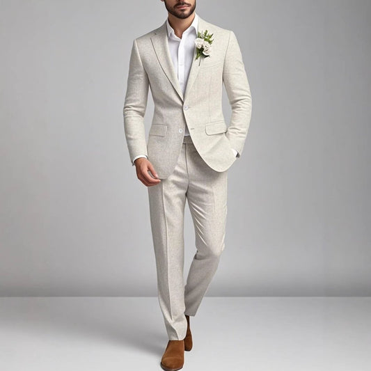 Mens beige suit for balls and banquets by Ancient Energy; tailored blazer with matching trousers.