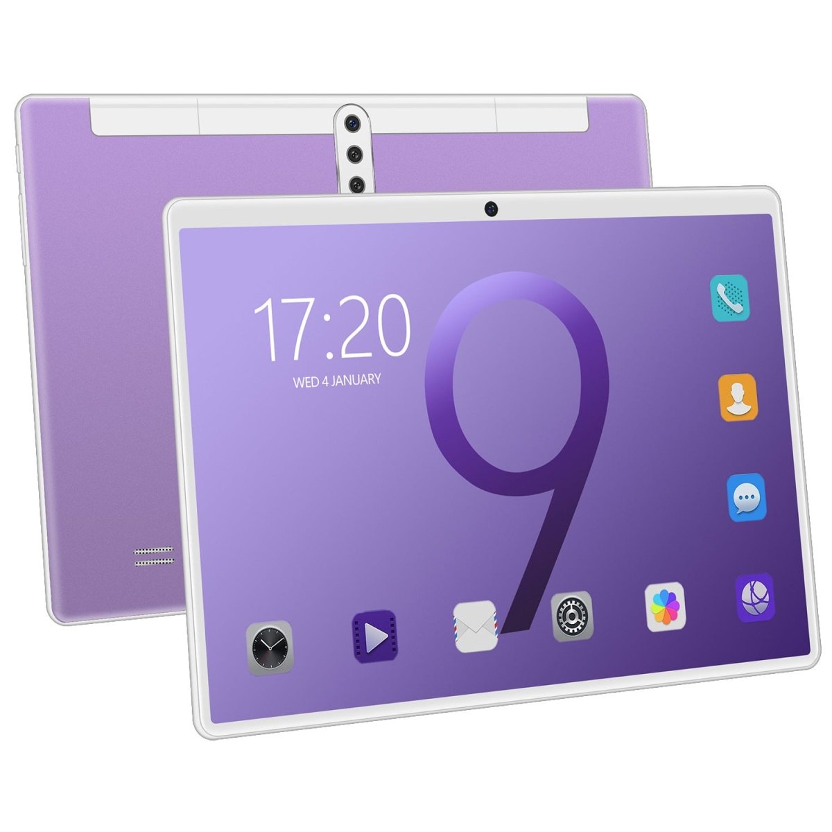 Tablet PC, 10-inch purple tablet with white frame, front camera and triple-camera back.