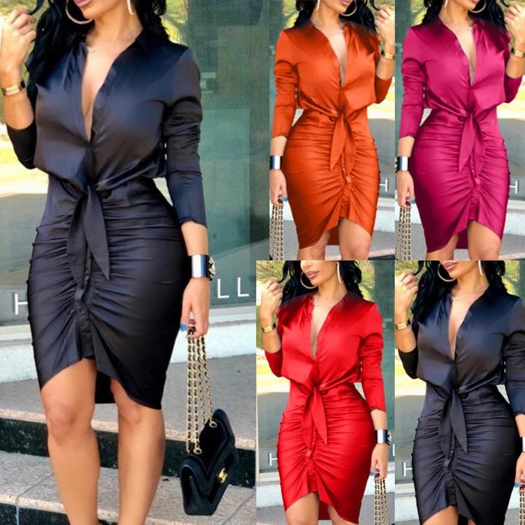 Women Lace-up Solid Color Long Sleeve Midi Dress Shirt Dress Elegant Fashion Party Dress MANDOTOS