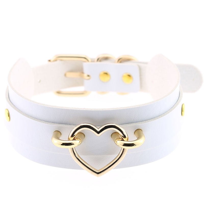 White leather wrap choker necklace with gold heart pendant