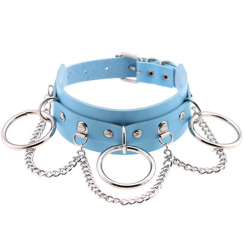 Collar blue leather with silver rings and chain accents, women's fashion neck band.