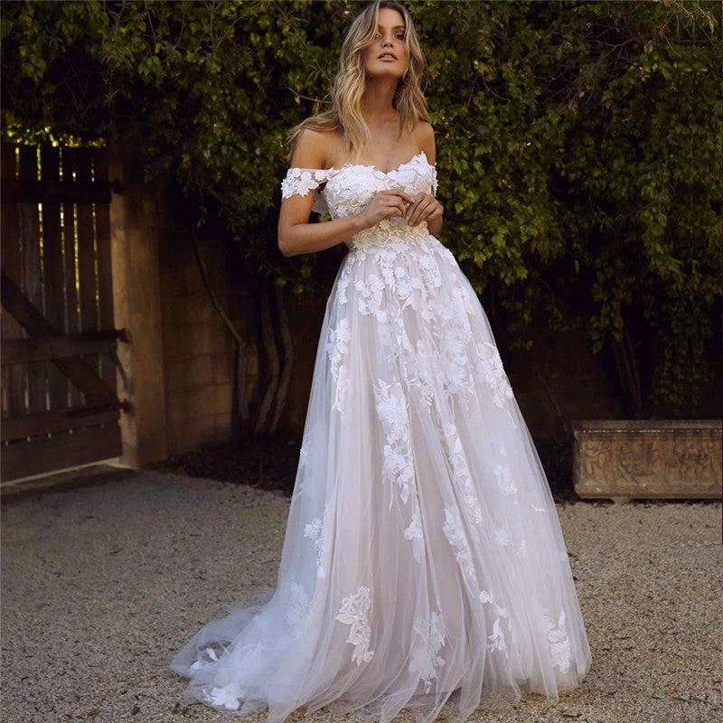 Lace Wedding Dresses Off The Shoulder Appliques A-Line Bride Dress Princess Wedding Gown Bridal Dress MANDOTOS