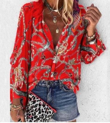 Printed Long Sleeve V - neck Button Ladies Blouse Women - MANDOTOS INTERNATIONAL0