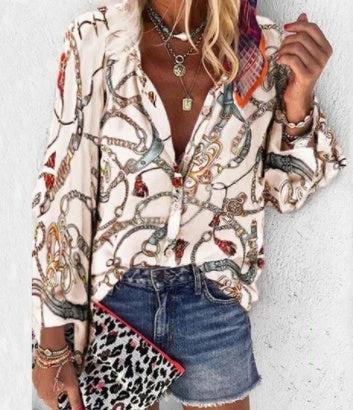 Printed Long Sleeve V - neck Button Ladies Blouse Women - MANDOTOS INTERNATIONAL0