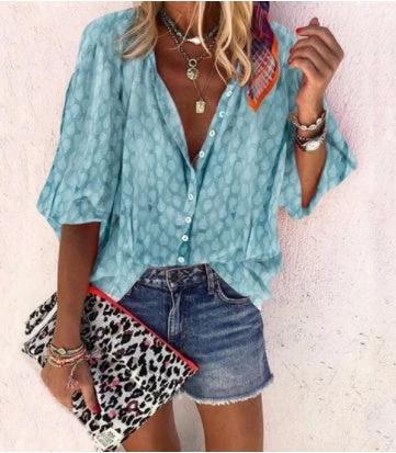 Printed Long Sleeve V - neck Button Ladies Blouse Women - MANDOTOS INTERNATIONAL0