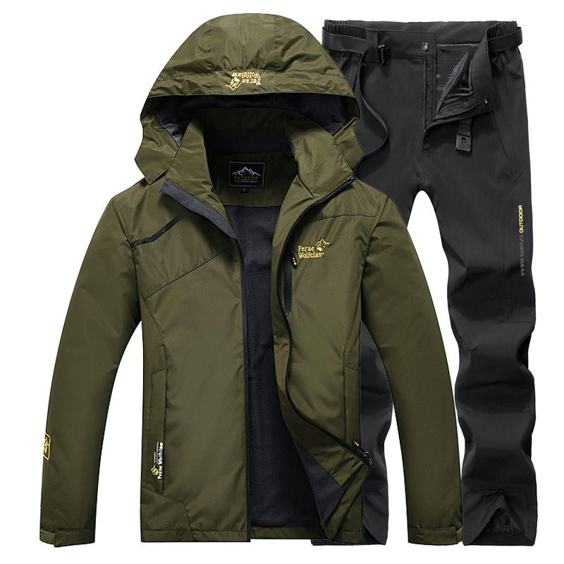 Ancient Energy men's fishing suit: olive green jacket with hood and matching black pants