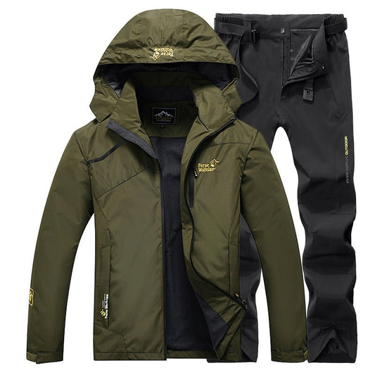 Ancient Energy men's fishing suit: olive green jacket with hood and matching black pants
