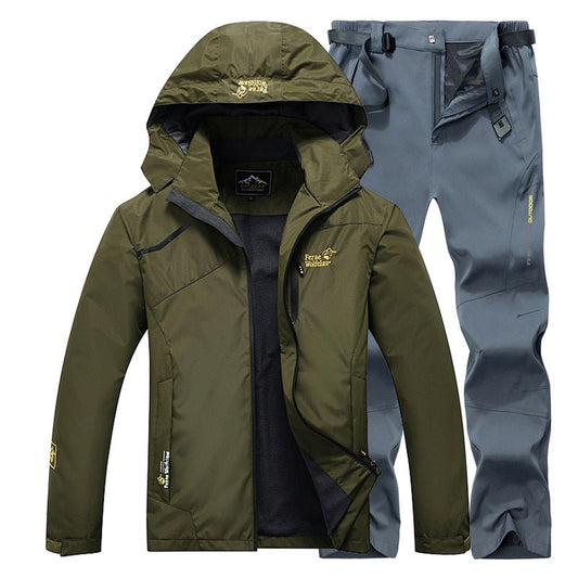 Men's fishing suit set: olive green lightweight waterproof jacket with hood and blue-gray pants, Ancient Energy.