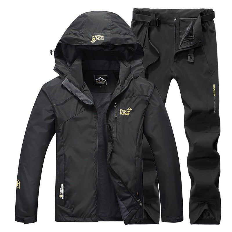 Men's black fishing suit with hooded jacket and matching pants by Ancient Energy.