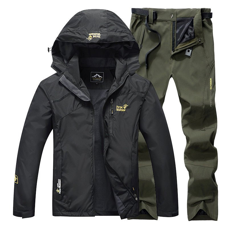 Men's Ancient Energy fishing suit: black jacket with hood and olive green pants, 2-piece set for spring/autumn fishing.