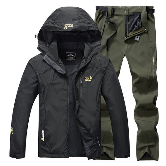 Men's Ancient Energy fishing suit: black jacket with hood and olive green pants, 2-piece set for spring/autumn fishing.