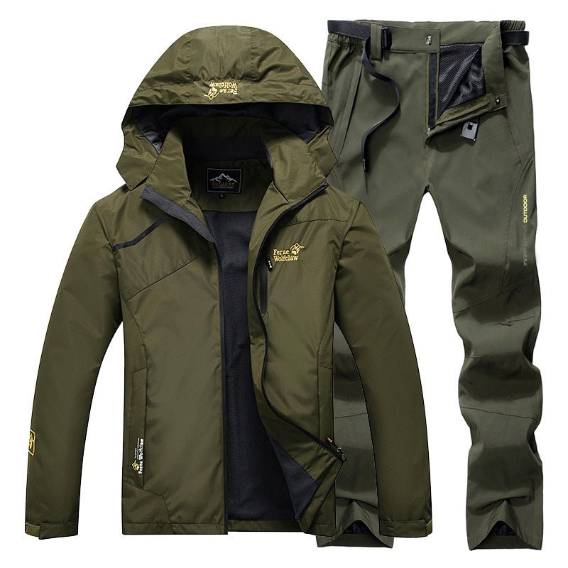 Men's fishing suit, olive green two-piece jacket with hood and pants by Ancient Energy.