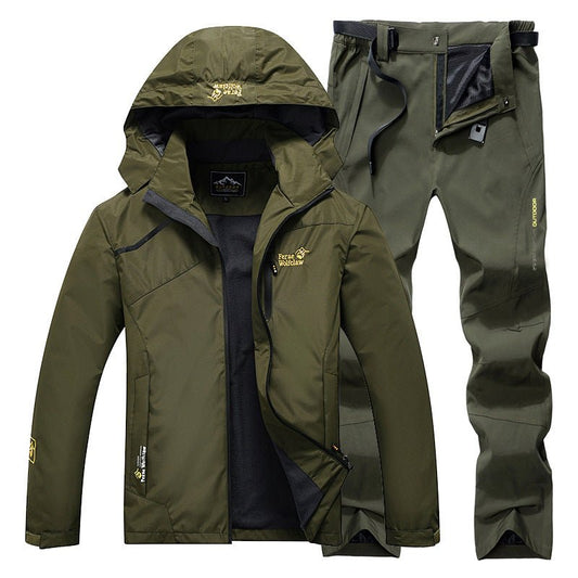 Men's fishing suit, olive green two-piece jacket with hood and pants by Ancient Energy.