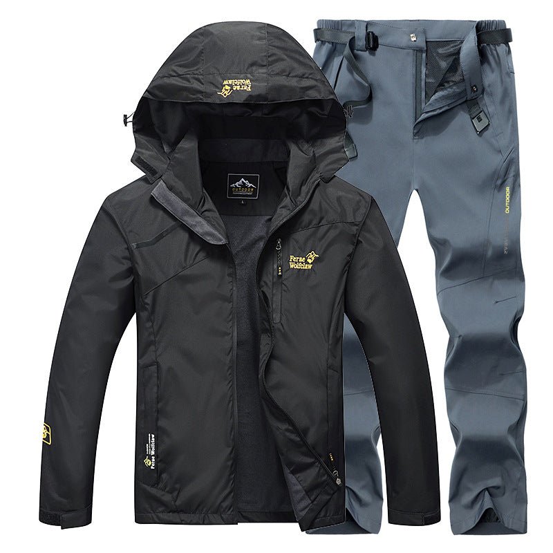 Men's two-piece fishing suit set: black hooded jacket and blue-gray pants, Ancient Energy.