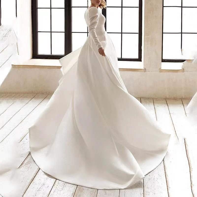 Ladies Style White Dress Satin Surface Was Thin And High French Temperament Dress Long Skirt MANDOTOS