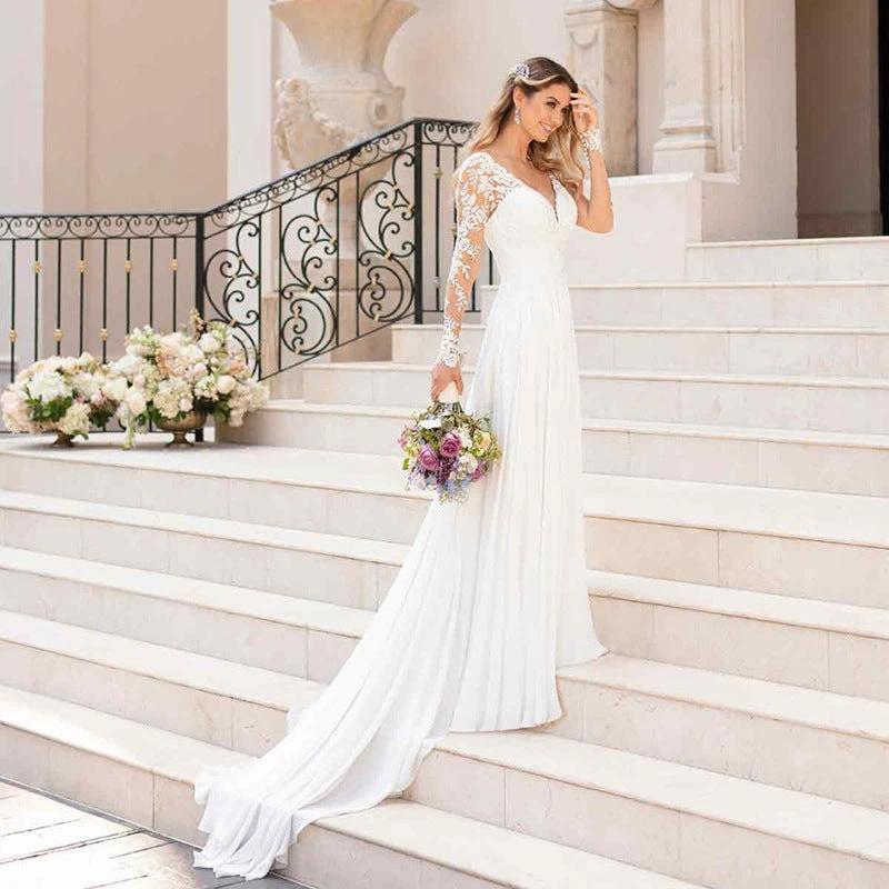 Sexy Backless Deep V-neck Wedding Dress Women White Evening Dress MANDOTOS