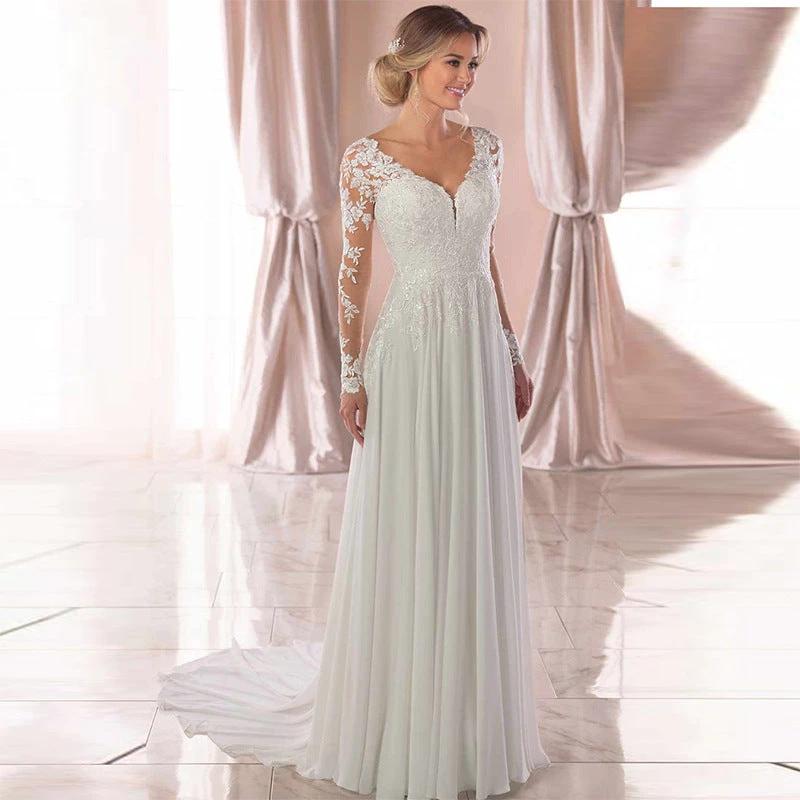 Sexy Backless Deep V-neck Wedding Dress Women White Evening Dress MANDOTOS