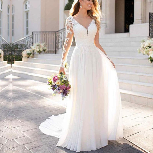 Sexy Backless Deep V-neck Wedding Dress Women White Evening Dress MANDOTOS