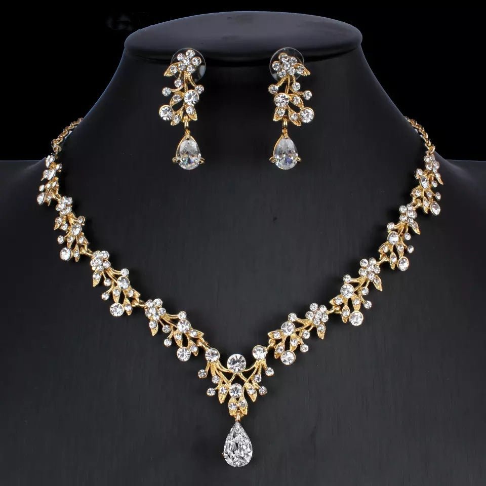 Golden Zircon Jewelry Set Bridal Necklace Earrings Wedding Two - piece Set - MANDOTOS INTERNATIONAL0