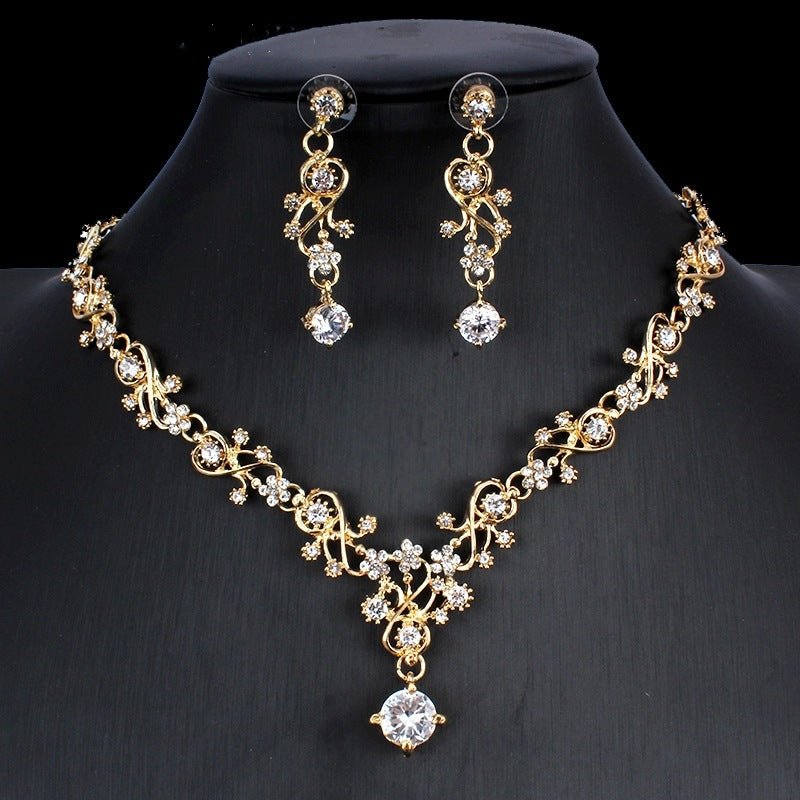 Golden Zircon Jewelry Set Bridal Necklace Earrings Wedding Two - piece Set - MANDOTOS INTERNATIONAL0