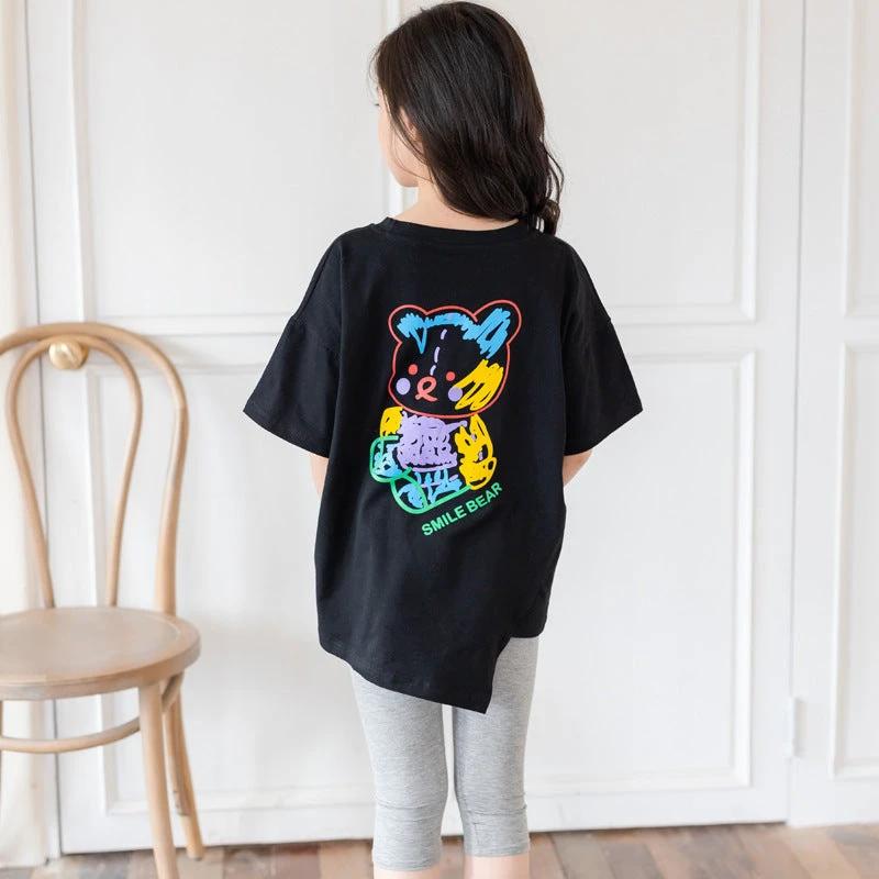 MANDOTOS Cartoon Irregular Top Big Kids Black Short Sleeve Graphic Tee With Colorful Bear Back Print MANDOTOS