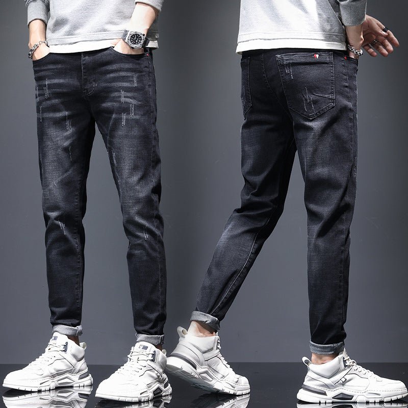 Mens ripped denim jeans with cat-whisker scratches, dark indigo, front and back views