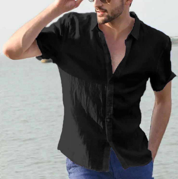 Men's black summer short-sleeve casual button shirt with open collar