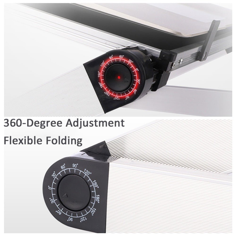 Foldable laptop stand ergonomic desk/tablet holder with silver aluminum body and 360-degree adjustment dial