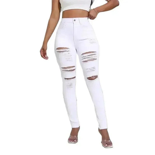 2024 Fashion Broken Holes Women Pencil Jeans Trend Streetwear Slim Fit Denim Pants Casual Solid Color High Waist Female Trousers - MANDOTOS