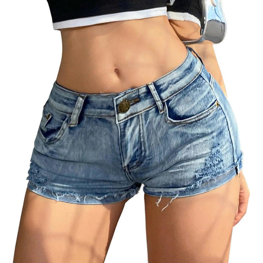 2025 Summer New Women's High-waisted Sexy Jeans Denim Shorts with Button - MANDOTOS