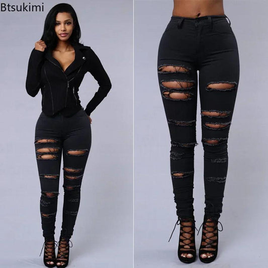2025 Women's Stretch Skinny Ripped Hole Washed Denim Jeans Female High Waist Pencil Y2k Pants Jeans Ladies Casual Trousers Pants - MANDOTOS