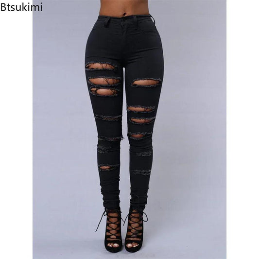 2025 Women's Stretch Skinny Ripped Hole Washed Denim Jeans Female High Waist Pencil Y2k Pants Jeans Ladies Casual Trousers Pants - MANDOTOS