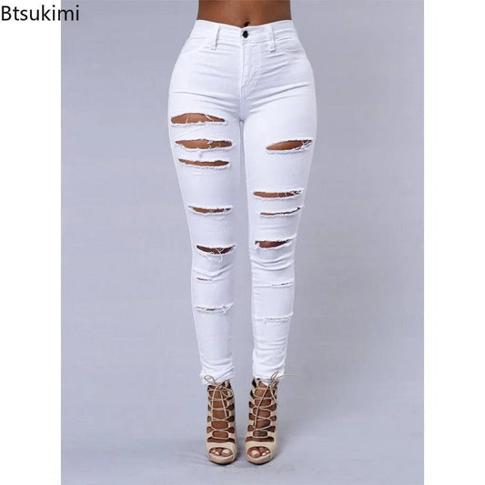 2025 Women's Stretch Skinny Ripped Hole Washed Denim Jeans Female High Waist Pencil Y2k Pants Jeans Ladies Casual Trousers Pants - MANDOTOS
